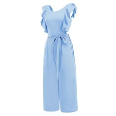 Light Blue Ruffle Hem Tie Waist Straight Leg Jumpsuit Chic Light Blue Sleeveless Jumpsuits And Rompers, Elegant Light Blue Jumpsuits And Rompers For Summer, Chic Blue Jumpsuits And Rompers For Summer, Elegant Blue Jumpsuits And Rompers With Ruffles, Blue Ruffled Jumpsuits And Rompers For Summer, Blue Jumpsuits And Rompers For Summer Brunch, Elegant Blue Jumpsuit For Summer, Ruffle Hem, Jumpsuit Romper