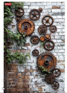 rusted gears on the side of a brick wall