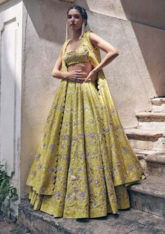 Paulmi & Harsh-Lime Yellow Floral Lehenga Jacket Set-INDIASPOPUP.COM Yellow Floral Lehenga, Paulmi And Harsh, Floral Printed Skirt, Lehenga Pattern, Floral Print Jacket, 1950’s Fashion, Floral Lehenga, Lime Yellow, Printed Skirt