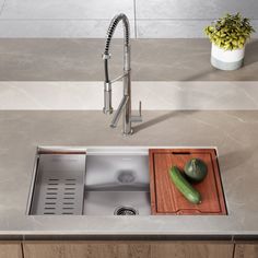 a kitchen sink with a cutting board on the counter next to it and a potted plant