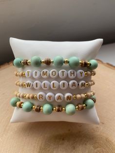 Our 5 stack MINT-TO-BE boho stack! These are super stylish, comfortable and perfect for daily wear! Such a chic boho-look! (These are meant to fit snug. If you would like them to feel loose and move around on your wrist, please size up). Each bracelet is carefully handmade with high quality materials: -8mm natural wood beads (mint color) -4mm natural wood beads -natural wood heishi beads -3mm gold hematite beads -7mm white/gold acrylic letters (other color options available- see pic) -Cord: high Custom Name Green Bracelet For Friendship, Green Custom Name Friendship Bracelet, Customizable Green Bracelet For Personalized Gift, Custom Name Green Jewelry For Friendship, Green Wooden Beaded Bracelets As Gift, Everyday Personalized Bohemian Friendship Bracelets, Bohemian Personalized Name Bracelet As Gift, Bohemian Personalized Name Bracelet For Gift, Personalized Bohemian Name Bracelet For Gift