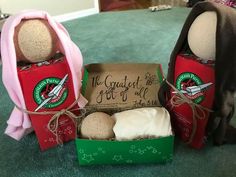 two stuffed animals sitting next to each other in a box on the floor with green carpet