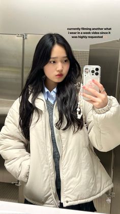 saranghoe tracy sohn korean outfit Dress Outfits Korean, Daisy Choi, Korean Aesthetic Outfits, December Outfits, University Outfit, White Puffer, Maxi Dress Outfit