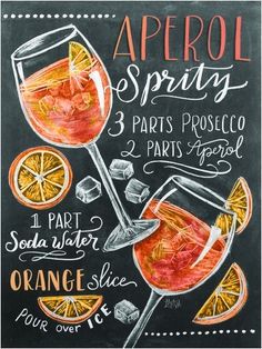 a chalkboard sign with oranges and wine glasses on it that says apricot spriting