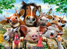 a group of farm animals standing next to each other on top of a rock wall