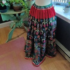 Beautiful, Hand-Embroidered, Hand-Made, One-Of-A-Kind, Vintage Indian Banjara Skirt. Dating Back To 1960s Or 1970s, It's Likely That The Actual Cotton Fabric In This Skirt Was Hand-Woven And Hand-Dyed...In Addition To All Of The Hand-Stitching Of The Embroidery. Tiny Mirrors Are Stitched Into The Embroidery Throughout. Skirt Is Heavy And Can Fit A Variety Of Sizes Due To The Drawstring Waist. On The Dress Form, The Drawstring Is Pulled To Fit A Size Medium. However, It Can Be Let Out To Fit An Xxl. Colors Are Vibrant With Only A Tiny Bit Of Fading On The Upper Portion Of The Waist On The Inside Of The Skirt. Otherwise, In Great Condition With No Rips, Tears, Marks, Etc. Skirt Is Floo Bohemian Multicolor Bottoms With Floral Embroidery, Bohemian Multicolor Floral Embroidered Bottoms, Bohemian Multicolor Floral Embroidery Bottoms, Traditional Embroidered Skirt For Festivals, Red Embroidered Bohemian Bottoms, Bohemian Multicolor Skirt With Floral Embroidery, Traditional Embroidered Skirt, Multicolor Bohemian Skirt With Floral Embroidery, Traditional Green Embroidered Skirt