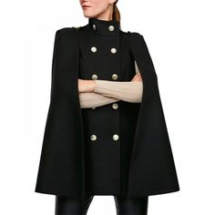 Double-Breasted Stand Collar Cape Coats Product DescriptionMaterial : 95% Polyester,5%SpandexStyle : LooseFeature : Buttoned,Solid ColorNeckline : Stand CollarOccasion : Urban,Vintage,Trendy Tops,Leisure FashionSeasons : Spring,Autumn,WinterType : Coats,Cape,OutwearColor : BLACKSize : S,M,L,XLPlease consult the size chart we provide for this item's measurements to help you decide which size to buy.Please note: There may be 1-3cm differ due to manual measurement. Luxury Solid Outerwear With Double-breasted Button, Luxury Solid Double-breasted Outerwear, Luxury Black Outerwear With Cape Sleeves, Luxury Black Stand Collar Tops, Valentino Cape Coat, Luxury Fitted Cape Outerwear, Luxury Vintage Cape Outerwear, Luxury Elegant Cape Outerwear, Luxury Solid Color Winter Outerwear