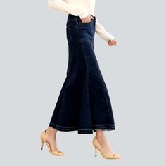 Make a statement this season with our Contrast Stitching Peplum Jeans Skirt. Y2K style from our 2023 Autumn Collection. An exquisite combination of vintage chic and modern fashion. this high-waist. long skirt features a zipper and button closure. dark wash denim and contrast stitching in a bold. retro-inspired peplum silhouette.Distinctive Features: Y2K Style: Make a statement with this vintage-inspired. Y2K-style skirt that will take you back to the 2000s in style. Dark Wash Denim: Crafted from Chic Flare Skirt For Spring, Dark Wash Denim Flared Skirt, Elegant Dark Wash Bottoms For Fall, Elegant Dark Wash Fall Bottoms, Chic Denim Blue Skirt, Chic Lined Denim Skirt, Chic Fitted High Waist Denim Skirt, Chic Denim Blue Mini Skirt, Chic Fitted High-waist Denim Skirt