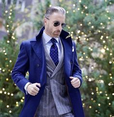 (1) Sapphire blue Overcoat – Christopher Korey Collective Christopher Korey, Red Overcoat, Dapper Man, Grey Overcoat, Older Mens Fashion, Groom Party, Navy Blue Tuxedos, Tuxedo Coat, Overcoat Men