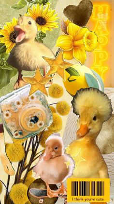 an image of a duck with flowers and sunflowers