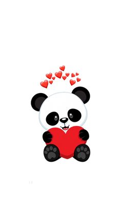 a panda bear holding a heart with hearts flying around