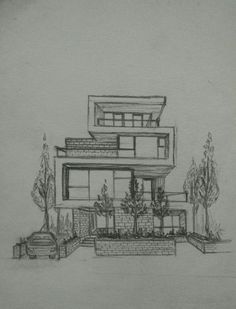 a drawing of a house with trees and bushes