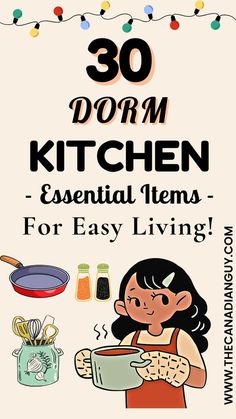 the book cover for 30 dorm kitchen essential items for easy living, with an image of a