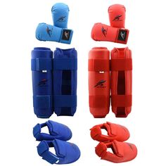 four different types of protective pads and gloves for sports equipment such as football, soccer or baseball