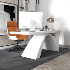 a white desk with an orange chair next to it