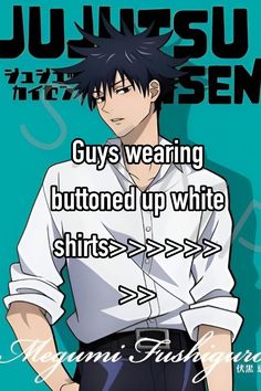 guy wearing white shirt and black pants with text that reads guys wearing button up white shirts