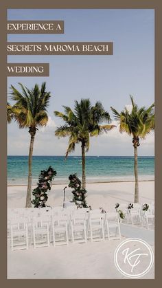 an outdoor ceremony set up on the beach with chairs and palm trees in front of the ocean