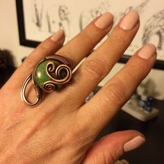 green jasper ring, gemstone ring, wire wrapped jewelry handmade, copper wire jewelry, wire wrapped ring handmade by BeyhanAkman on Etsy Wire Wrapping Techniques, Wire Jewelry Rings, Ring Wire, Jasper Ring, Copper Wire Jewelry, Green Jasper, Wire Wrapped Ring, Copper Ring, Wire Wrapping Stones