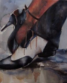 a painting of a pair of black and white shoes