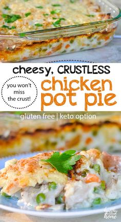 chicken pot pie with text overlay that reads cheesy, crustless you won't want to try