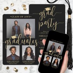 the graduation announcement is displayed on a phone and in front of it are photos of graduates