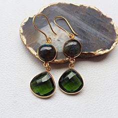 Fine Quality Faceted Labradorite , Green Tourmaline Quartz Gemstone Handmade Long Earring With Sterling Silver & Gold Plated . Gemstone - Rainbow Moonstone , Beads Stone Size - , mm ( approx ) Stone Shape - Round , Teardrop Size - mm Cut - Faceted QTY - 1 Pair in this listing. # ( Sizes are close approximation ) Please see more 925 Sterling Silver Earring :- http://www.etsy.com/shop/finegemstone/search?search_query=earring &order=date_desc&view_type=gallery&ref=shop_search We alw Gemstone Accented Earrings For May Birthstone, May Birthstone Earrings With Gemstone Accents, Teardrop Jade Earrings With Natural Stones, Gold Labradorite Earrings With Natural Stones, Teardrop Labradorite Earrings, Labradorite Gemstone Drop Earrings, Green Faceted Teardrop Earrings, Christmas Gifts For Girls, Rainbow Moonstone Ring