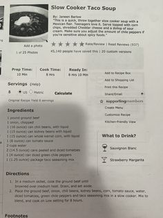 the instructions for how to make slow cooker taco soup are shown in black and white