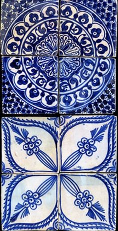 four blue and white tiles with designs on them, all in different shapes and sizes