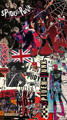 a collage of various stickers and pictures with the words spider - punk on them