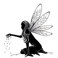 a black and white drawing of a fairy sitting on the ground