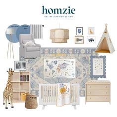 the baby's room is decorated in blue, white and yellow colors with a giraffe