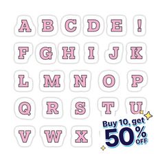 the letters and numbers stickers are pink with white stars on them, which spell out 50 % off