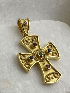 "18K Byzantine Gold Cross Handmade in Greece. Intricate Detail Work with Genuine Precious Stone Accents - Emerald, Rubies and Sapphires The perfect keepsake present for a Christening, Communion, Christmas, Birthday, Anniversary, Valentine's Day, Mother's Day. Our Crosses are timeless presents to be treasured and that can be passed down to the next generation. Prices are for pendants only, chains sold separately. Refunds will be accepted if item is returned in its original condition and packaging Byzantine Gold, Byzantine Jewelry, Haute Jewelry, Grand Cross, Filigree Jewelry, Byzantine Art, Christian Jewelry, Cross Jewelry, Gold Cross