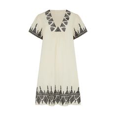 Liberty Embroidered Mini Dress - White | RAFFYA | Wolf & Badger White V-neck Dress With Geometric Embroidery, Chic Embroidered Linen Dress, Chic Linen Dresses With Embroidery, Elegant Linen Dress With Embroidered Hem, Spring V-neck Dress With Geometric Embroidery, Linen Tunic Dress With Floral Embroidery, Short Sleeve Dresses With Geometric Embroidery For Summer, Summer Dresses With Geometric Embroidery And Short Sleeves, Chic Embroidered Knee-length Mini Dress