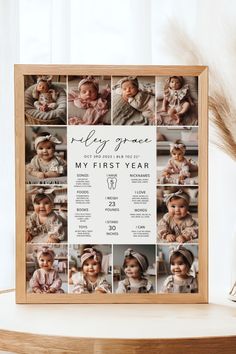 a baby's first year photo collage is shown in a wooden frame