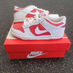 Brand New, Never Worn, In Original Box Nike Dunk Low (Gs) Championship Red White (2021) New Sz 4y / 5.5w Cw1590-600 Follow Me Ig : @Heartnsole10 Nike White Skate Shoes With Red Sole, Nike University Red Round Toe Skate Shoes, Nike Red Skate Shoes With Rubber Sole, Red Nike Skate Shoes With Rubber Sole, Baby Boy Sneakers, Air Force One Shoes, Black Slip On Sneakers, Baby Nike, Pretty Shoes Sneakers