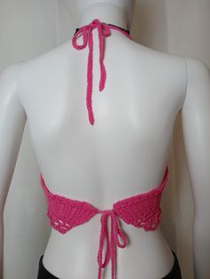 Hot Pink Rave & Festival Crochet Crop Halter with center lacing, adjustable neck ties and belly dancer style chain edging on bottom. The extra long bottom ties may be wrapped entirely around the rib cage & tied in front or left long and back tied.Made from 100% reclaimed cotton yarn1 of 1 Hot Pink Crochet, Dancer Style, Festival Crochet, Belly Dancer, Pink Crochet, Crochet Crop, Rave Festival, Belly Dancers, Neck Ties