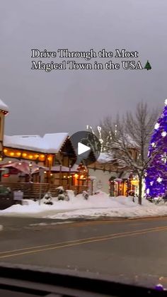 a purple christmas tree in the middle of a street with lights and snow on it