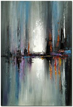 an abstract painting of cityscape with blue, yellow and white colors on it