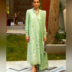 *Seafoam Green Straight Kurta In Cambric Cotton Showcasing Laser Cut Technique And Fitted Sleeves. Finished With Lace Detailing Across Shirt Hem And Sleeves. * Culottes In Cotton Cambric With Lace Finishes Across Trouser Hem. * A Playful Patchwork Organza Dupatta With Lace Finishing Across With Border. Silk Anarkali Gown, Indian Blue, Silk Anarkali, Sharara Pants, Salwar Dress, Dress Salwar Kameez, Pakistani Salwar Kameez, Anarkali Gown, Indian Suits