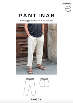 a man standing in front of a wooden door wearing shorts and flip flops with the words pant inar sewing pattern instructions