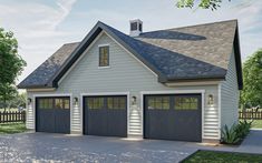 a two car garage with three windows on the top floor