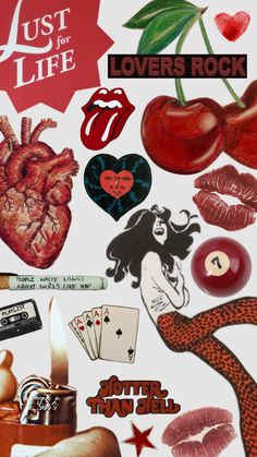 the rolling stones stickers are arranged on top of each other, including lipstick and hearts