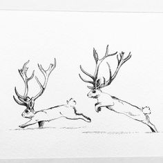 two deer leaping over each other in front of a white paper background with black ink