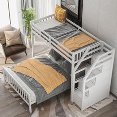 a bunk bed with a desk underneath it