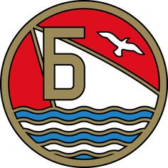 an emblem with a bird flying over the water