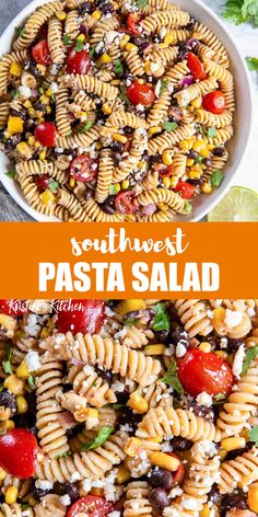 this southwest pasta salad is loaded with fresh tomatoes, corn, black olives and feta cheese