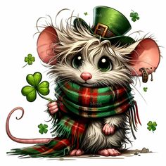 a mouse wearing a green hat and scarf with shamrocks on it's head