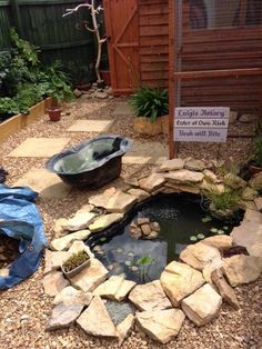 a small pond in the middle of a garden with rocks around it and a sign that says