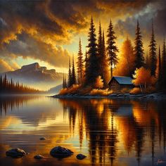 a painting of a cabin on the shore of a lake at sunset with clouds in the sky